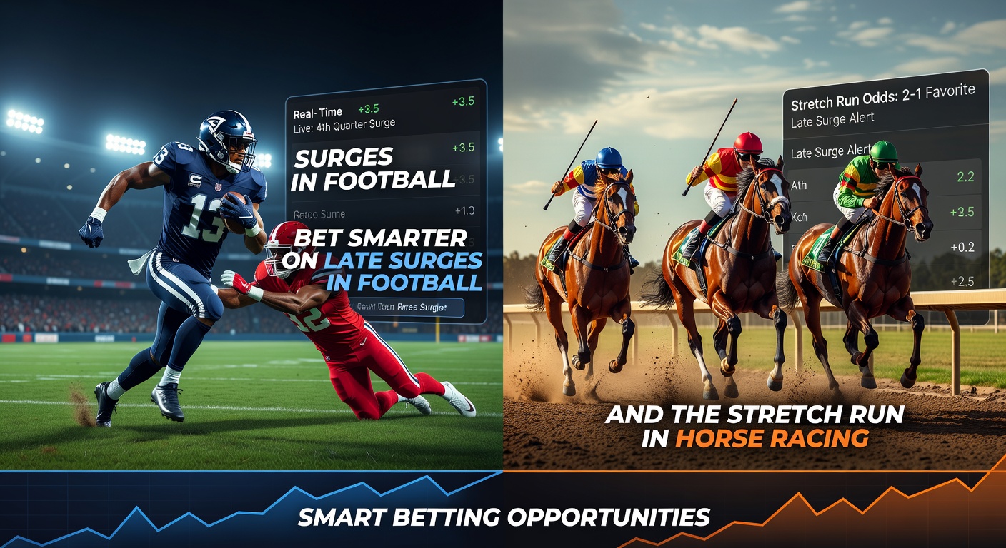 Split-image graphic: Football players scrambling for a late equalizer, paired with horses neck-and-neck in a photo-finish stretch run