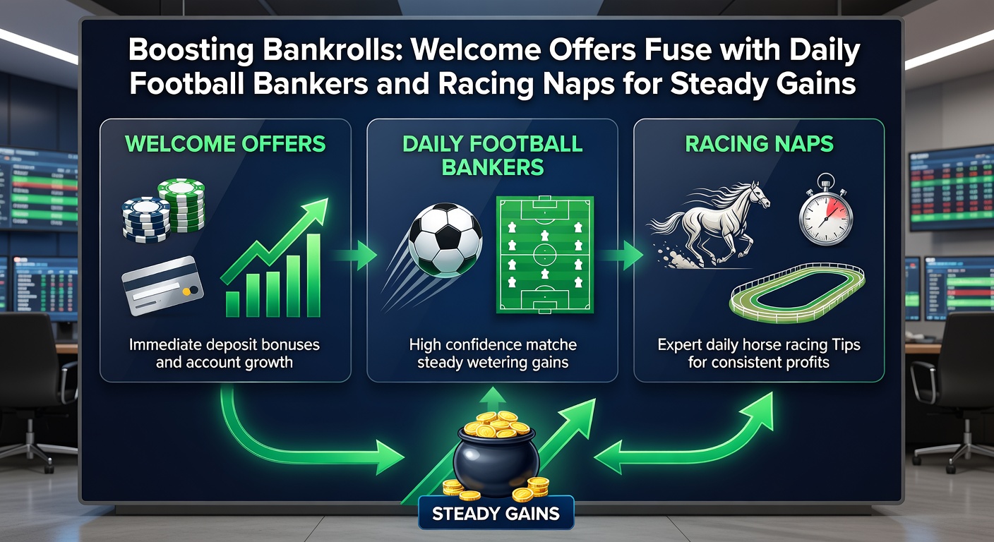 Collage of a bookmaker app screen displaying welcome bonus claims next to football match odds and a horse racing card with nap highlighted