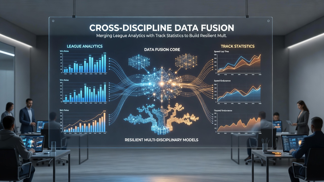 Illustration showing layered data fusion process connecting football match statistics with horse racing performance indicators