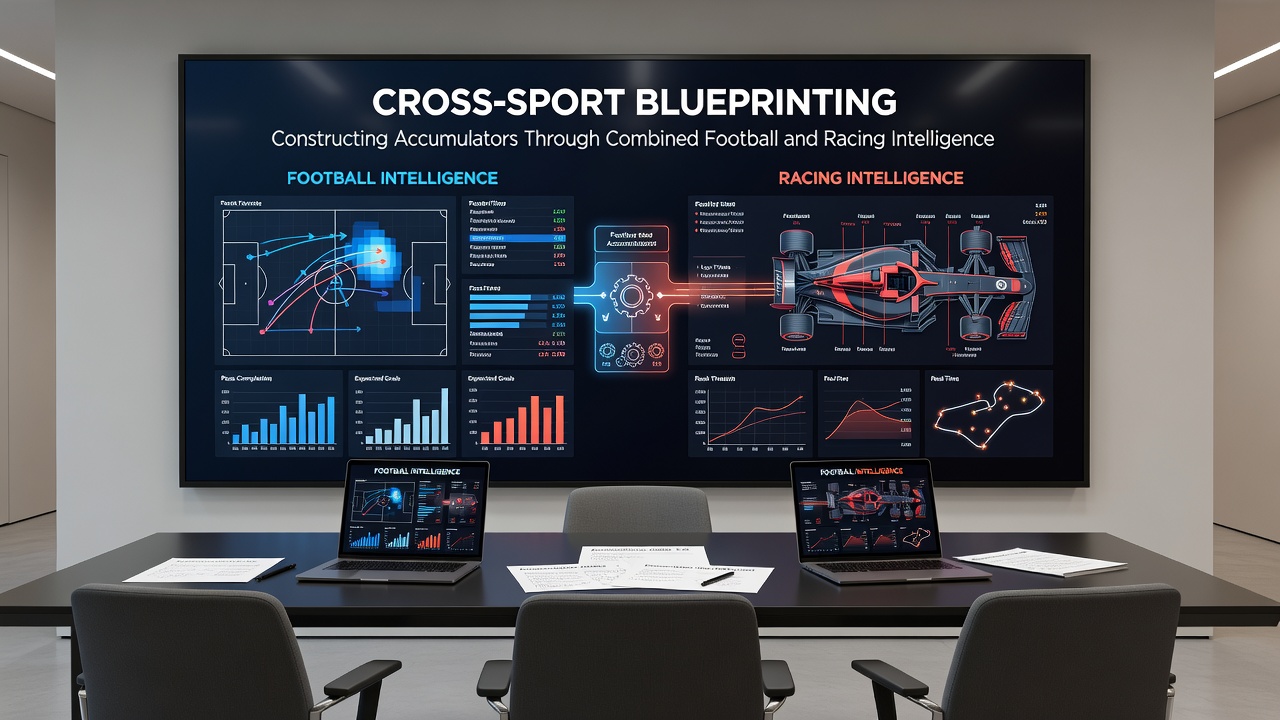 Split-screen visualization comparing football team statistics with horse racing performance indicators used in accumulator planning
