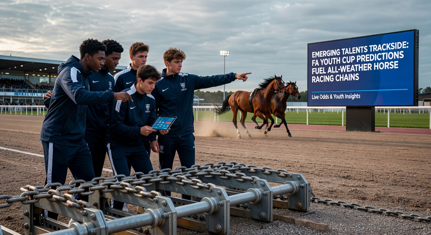 All-weather horse racing at dusk, with horses thundering down the straight under lights, embodying the reliable action that pairs with youth football bets