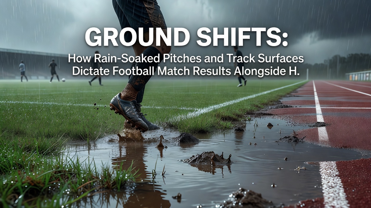 Detailed view of wet horse racing track and football pitch conditions