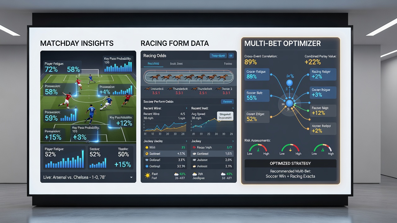 Split-screen display showing football pitch conditions alongside horse racing track statistics