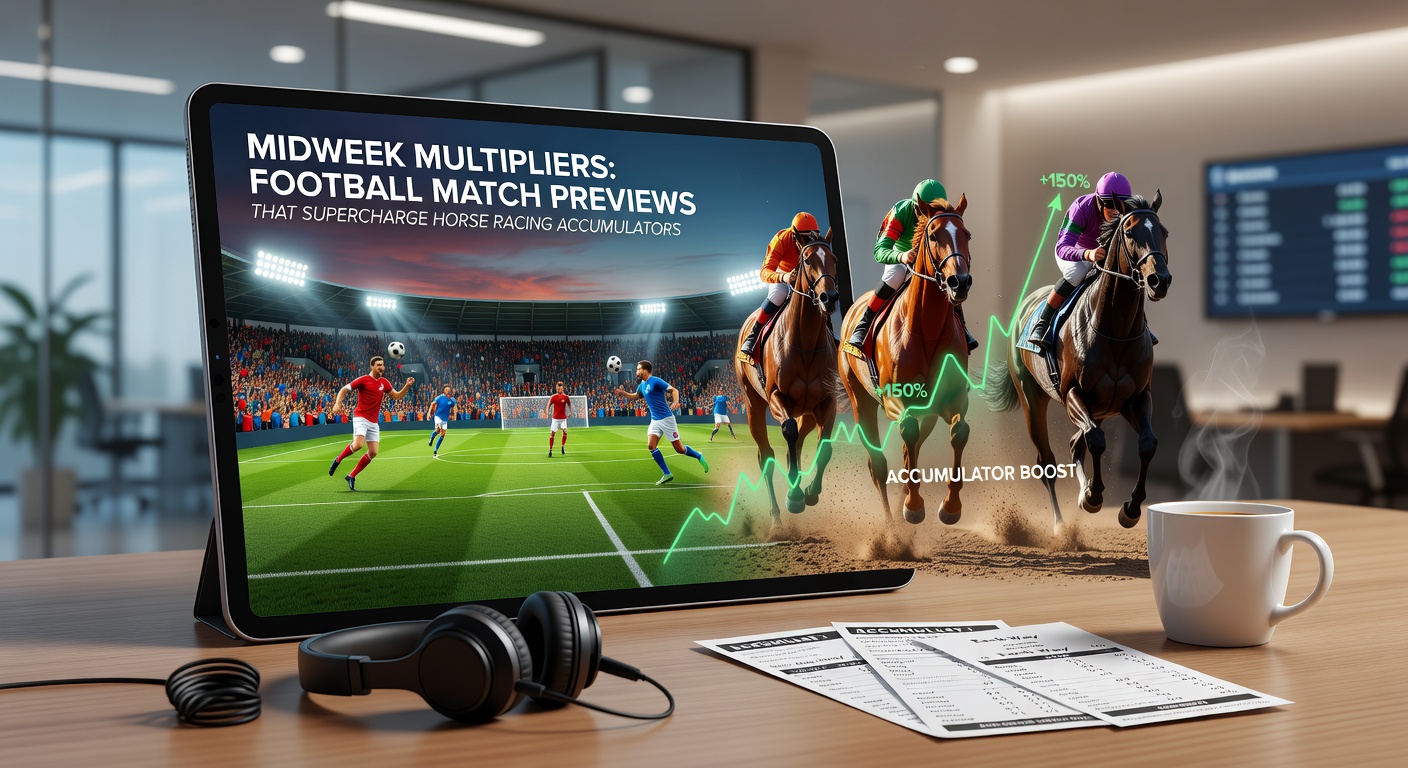 Close-up of a horse thundering down the straight, jockey in vibrant silks, with digital overlays of football scorelines and rising accumulator odds