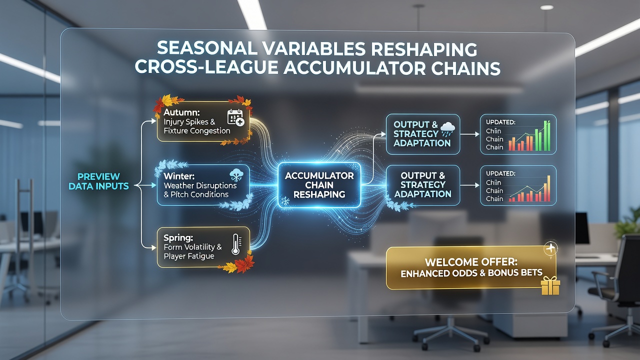 Accumulator chain visualization linking football league previews with horse racing seasonal form data and bonus allocation indicators