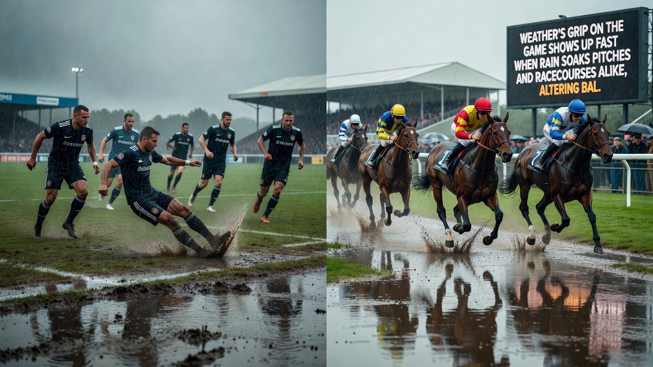 Horse racing on a rain-affected turf track with jockeys navigating softer ground conditions