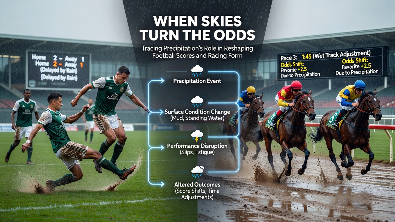 Muddy horse racing track with horses galloping through wet conditions, illustrating changed ground impact on form